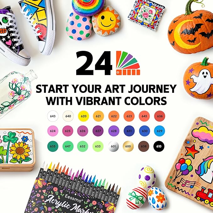 24 Colors Dual Tip Acrylic Paint Markers, Acrylic Paint Pens with Fine Tip and Brush Tip for Rock Painting, Wood, Plastic, Glass, Canvas, Fabric, Pumpkin, DIY Crafts Making Art Supplies
