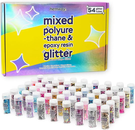 Hemway Mixed Polyurethane & Epoxy Resin Glitter Box (Pack of 54) | Metallic Flakes Shaker Set for Arts & Crafts | Assorted Colour Craft Supplies for Making Cards, Jewellery, Tumblers & Coasters