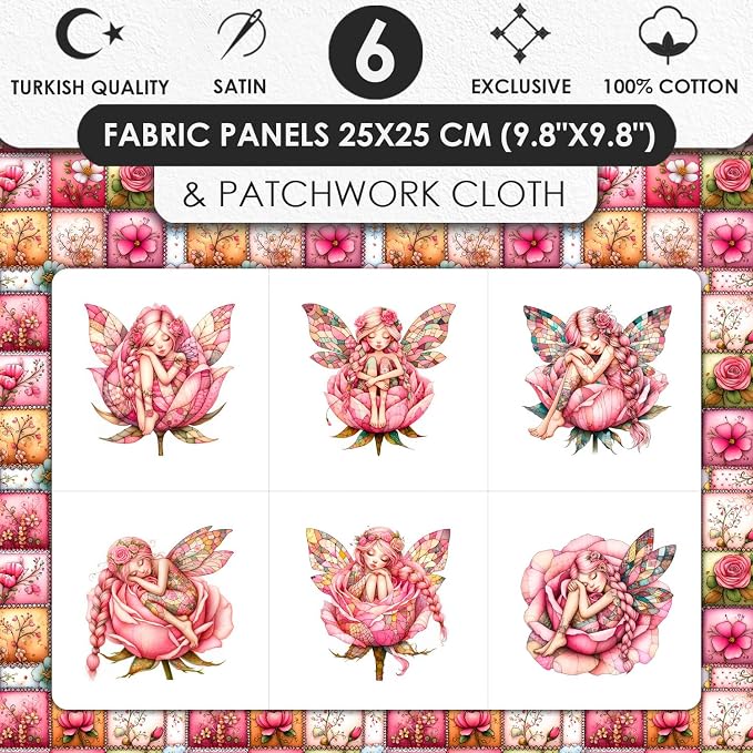 ‍ Pink Fairy Patchwork Cotton Fabric Panel – 6 Designs + Bonus Patchwork Sheet - Image 3