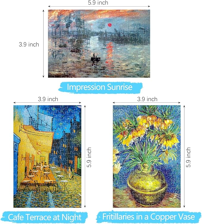 150 Pieces Mini Jigsaw Puzzle for Adults & Kids - 6" x 4" Small Capsule Tube Intelligent Game - Impression Sunrise, Fritillaries in a Copper Vase, Cafe Terrace at Night 3 Pack
