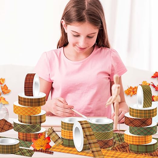 12 Pcs Thanksgiving Washi Tape Plaid Pattern Masking Tape Decorations Thanksgiving Decorative Paper Sticker for Vintage Journals, Planners, DIY Craft Gift Wrapping