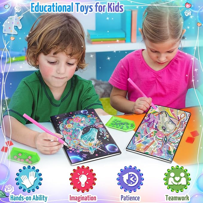 Unicorn Gifts for Girls 5 7 8 9 Year Old, Craft Kits for Kids Age 6 8 10 12 Diamond Painting Kit Unicorns Notebook Toys for 7-11 Year Olds Girls Birthday Gifts Gem Arts and Crafts for Kids Stationary