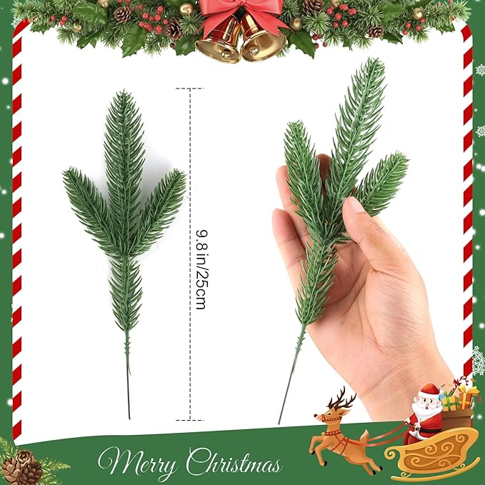 Hananona 50 Pcs Artificial Pine Branches Christmas Greenery Plants Pine Needles DIY Cedar Picks and Sprays Accessories for Christmas Garland Wreath Craft and Home Decor (50, Green)