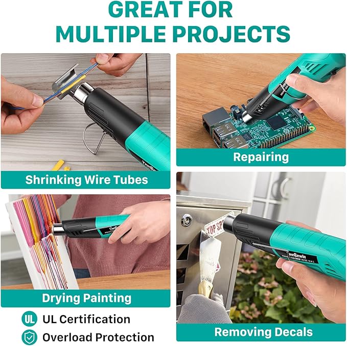 Heat Gun, 380W Fast Heat Mini Hot Air Gun with 2-Temp Settings 480°F-850°F(249°C-455°C) Overheat Protection Reflector Nozzle, 4.9Ft Long Cable for Shrink Wrap,Vinyl, Crafts, Epoxy Resin