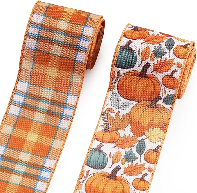 2 Rolls Fall Pumpkin Craft Ribbons for Wreath Bows, 2.5"×10 Yards Thanksgiving Wired Edge Ribbon Orange Burlap Autumn Leaves Wired Ribbons for Crafting Sewing Supplies