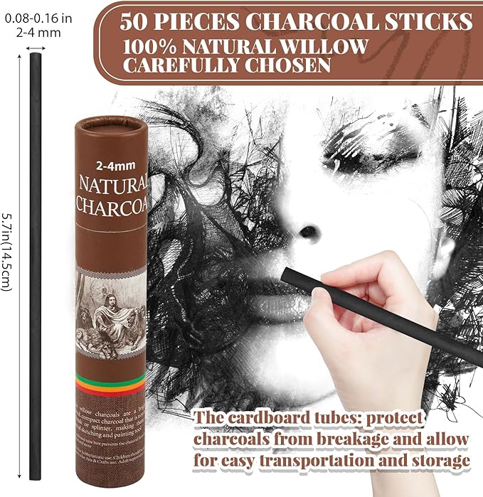 Gueevin 50 Pcs Willow Charcoal Sticks, Willow Charcoal, Artists, Beginners, Students, Perfect for Sketching, Drawing, Shading, and Fine Art Christmas Gifts for Art (2-4mm)