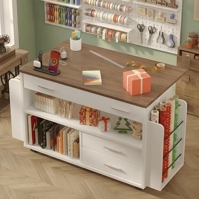 Gift Wrap Storage Cart with Foldable Drop Leaf, Crafting Table with Storage | by Smilets