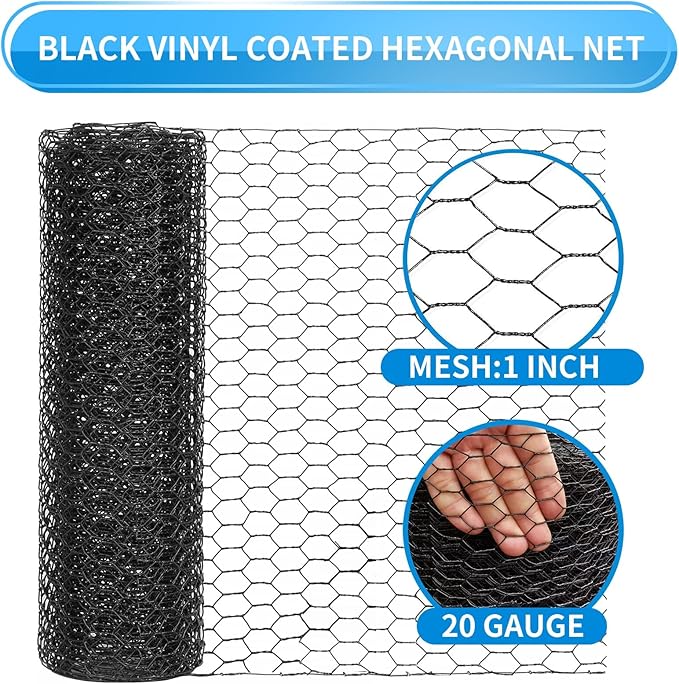 24'' x 150' Black Chicken Wire Mesh Fence, 20 Gauge Galvanized Poultry Netting and 1 inch Garden Mesh Fence Roll, Chicken Wire for Floral Arrangements/Crafts/Farm/Livestock/Pet Protection