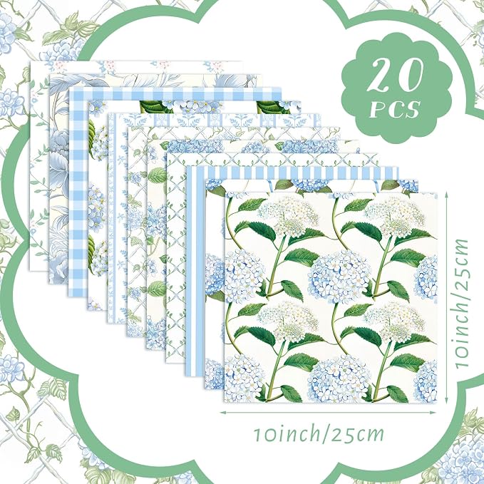 HunnmingRe 20 Pcs 10''x10'' Hydrangea Quilting Fabric Square Bundle Watercolor - Image 2