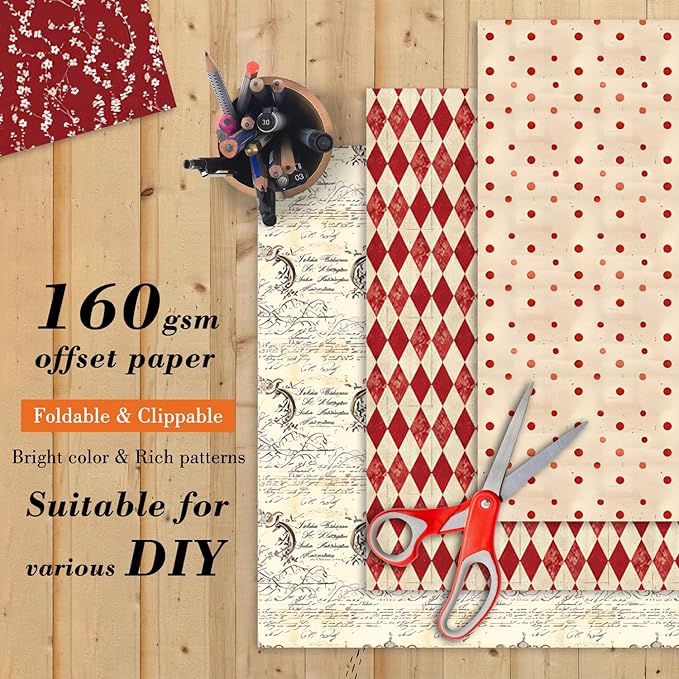 24 Sheets Red Aesthetic Scrapbooking Paper Pad - 6In x 6In Double Sided Flowers Patterns for Photos Album Journals Supplies Decorative Collage Origami DIY Crafts Gifts Wrapping