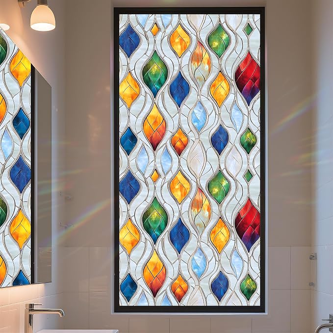 Stained Glass Window Privacy Film: Non-Adhesive Sun and Landscape Mosaic Design by AOHMPT