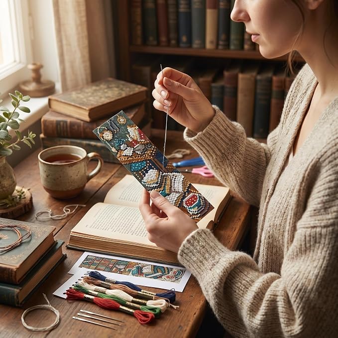 4PC Blue Bookshelf Counted Cross Stitch Bookmark Kit - Image 5