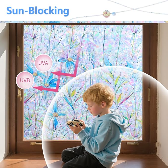 FINNEZ Window Privacy Film Stain Glass Film Flowers Rainbow Window Film Window Clings Non-Adhesive Reusable Decorative for Home（Blue Lotus，35.4 Inch x 6.5 Feet）