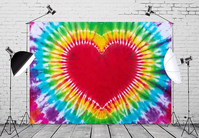 BELECO 9x6ft Fabric Tie Dye Heart Backdrop Rainbow Heart Love Valentines - Image 3