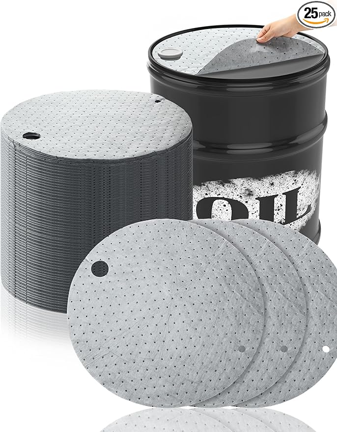 Frienda 25 Pcs Drum Top Absorbent Pads for 55 Gallon Drums Barrel Oil Absorbent Pads Mat 22 Inch Diameter Lid Oil Mat with Bungs 0.75 Inch Diameter and 2 Inch Diameter, Gray