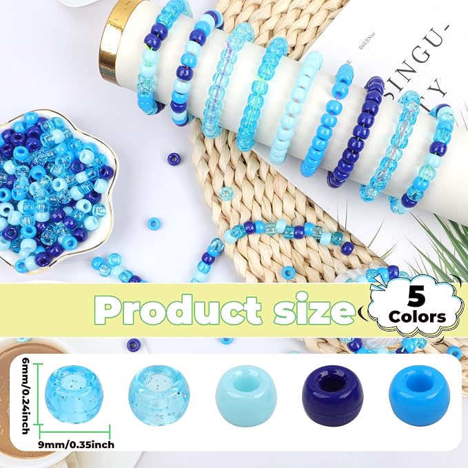 Blue Pony Beads for Bracelet 1000 Pcs Friendship Bracelets Beads 6x9mm Plastic - Image 2