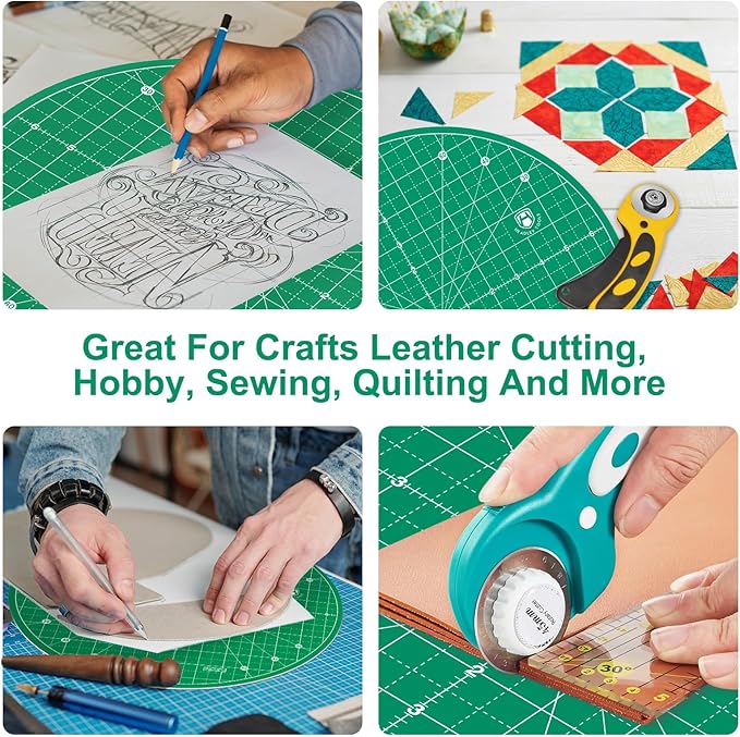 Headley Tools 13"x13" Round Rotating Cutting Mat, Self Healing Mat with 360-Degree Rotation & Anti-Slip Base, Sewing Board Cutting Mat Perfect for Fabric Quilting Leather Hobby Project, Green