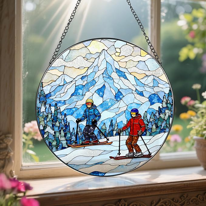 8'' Snowy Mountain Skiers Sun Catcher Ornament, Stained Glass Window Hanging - Image 5