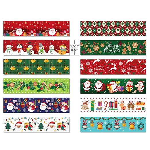 12 Pcs Christmas Washi Tape Merry Christmas Print Masking Tape Christmas Tree Snowman Santa Claus Pattern Decorative Paper Sticker for Christmas Party Holiday Scrapbook Handbook Sticker