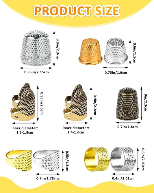 FIVEIZERO Thimble Kit– Sewing Thimbles for Hand Sewing, Metal Finger Protectors, Thimble Ring for Quilting, Includes Needle Threader, Embroidery Needles, Seam Ripper, Measuring Tape and Thread Snips