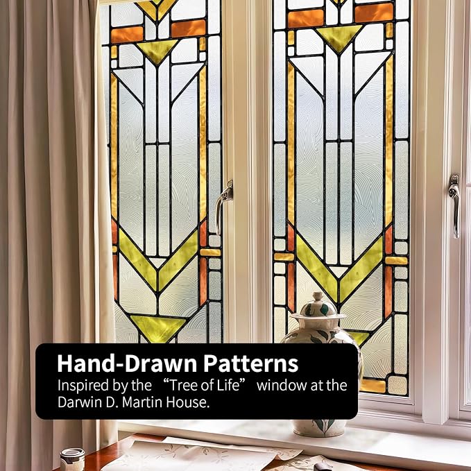 Original Hand Drawn Faux Stained Glass Window Film, Double-Sided Privacy Static - Image 5