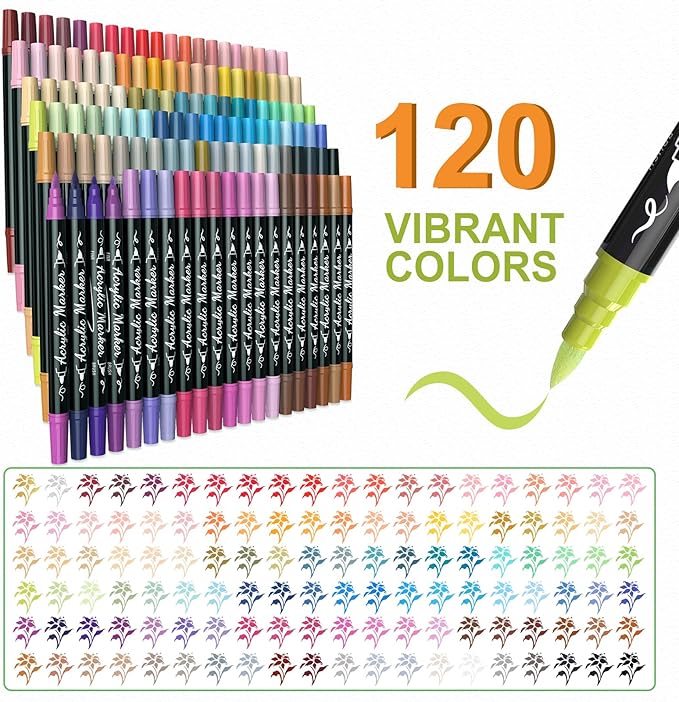 120 Colors Acrylic Paint Markers, Waterproof Dual Tip Acrylic Paint Pens with Brush and Fine Tip, Markers Set for Paper, Rock, Wood, Canvas, Glass, Ceramic and DIY Crafts Making Art Supplies