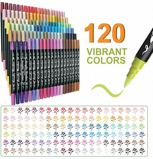 120 Colors Acrylic Paint Markers, Waterproof Dual Tip Acrylic Paint Pens with Brush and Fine Tip, Markers Set for Paper, Rock, Wood, Canvas, Glass, Ceramic and DIY Crafts Making Art Supplies