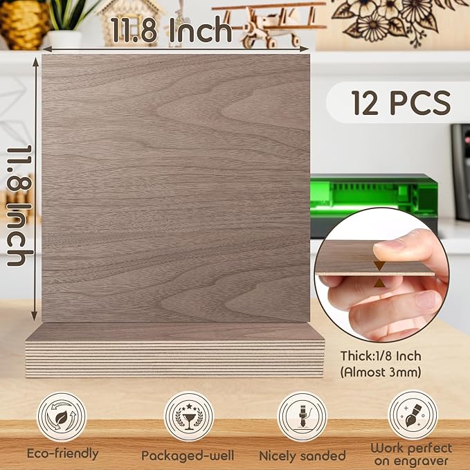 12 Pack 12x12x1/8 Inch Walnut Basswood Sheets, MAPRIAL Smooth 3mm Plywood for Laser Cutting, Unfinished Wood Board for Engraving, Wood Burning, Crafts, Ornaments, Models, Cutter, Engraver, Gifts