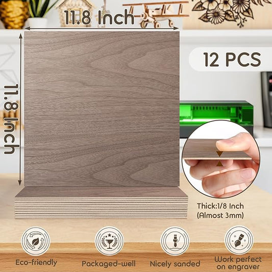 12 Pack 12x12x1/8 Inch Walnut Basswood Sheets, MAPRIAL Smooth 3mm Plywood for Laser Cutting, Unfinished Wood Board for Engraving, Wood Burning, Crafts, Ornaments, Models, Cutter, Engraver, Gifts