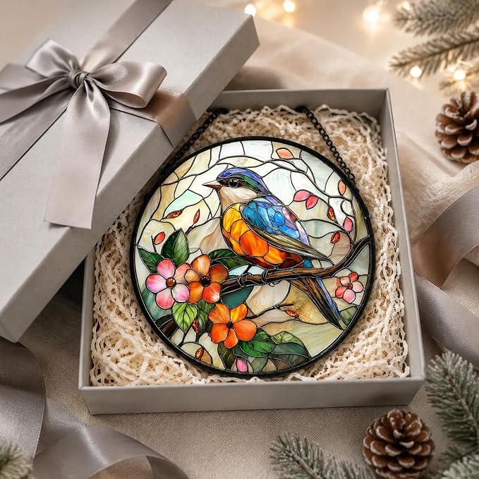 Birds and Flower Acrylic Suncatcher Faux Stained Glass Window Hanging 7.8" | - Image 2