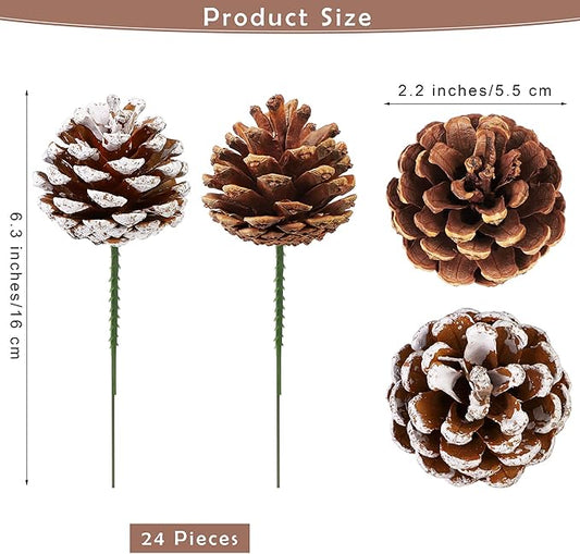 Fovths 24 Pieces Christmas Pine Cones Pick Pinecones Ornament Christmas Tree Decoration 2.4-3.1 Inches Pine Cones for Home Party Christmas Crafts (White, Natural)