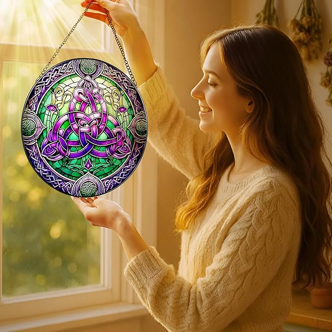 Stained Glass Window Hanging, LAOWEIKI 8'' Celtic Knot Suncatcher, Stained - Image 2