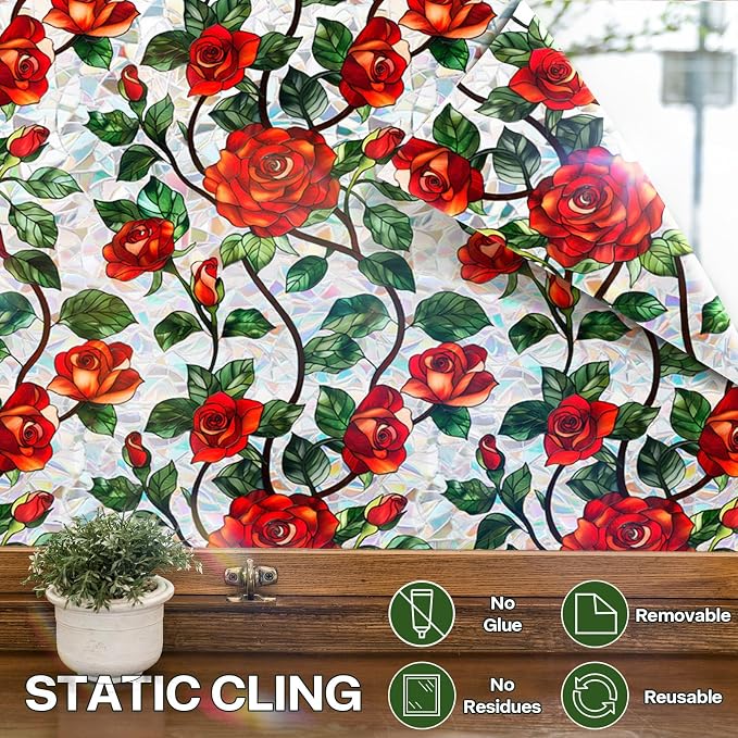 Stained Glass Window Film UV Resistant Window Privacy Film Rose Floral Privacy - Image 6