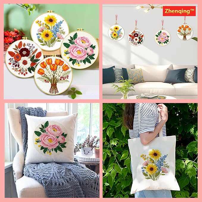 Zhenqing 4-Piece Floral Cross Stitch Kit - Image 7