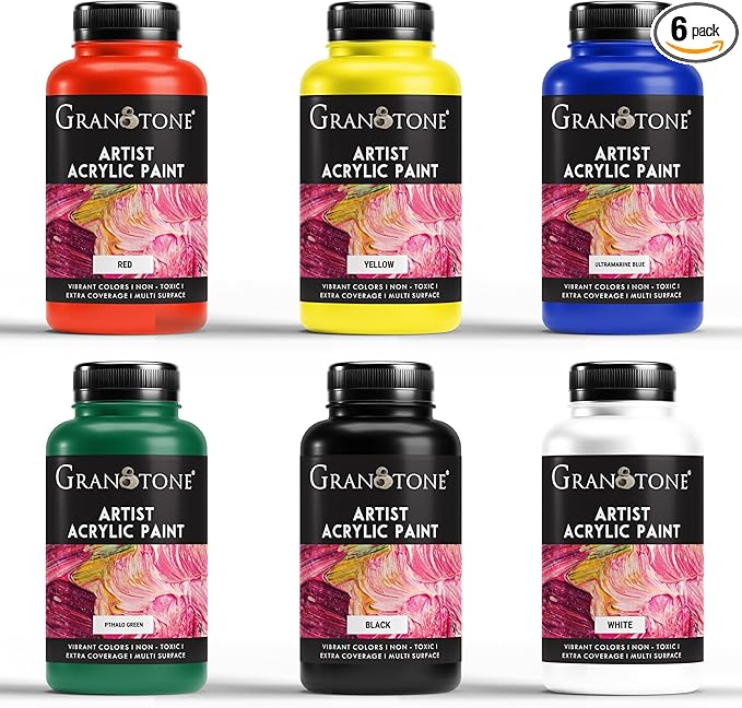 GRANOTONE Acrylic Paint Set - 6 Primary Colors, 7 oz Each | Non-Toxic Student Acrylics for Artists, Kids & Hobbyists | Ideal for Painting & Crafting | Vibrant & Safe Art Supplies | Made in India