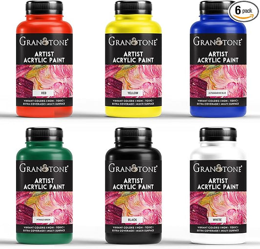 GRANOTONE Acrylic Paint Set - 6 Primary Colors, 7 oz Each | Non-Toxic Student Acrylics for Artists, Kids & Hobbyists | Ideal for Painting & Crafting | Vibrant & Safe Art Supplies | Made in India