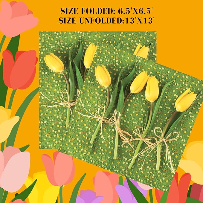 20-ct 13x13 Flowers Paper Luncheon Decoupage Napkins, 3-Ply Servilletas Printed Tulips Flowers Cocktail Napkin for Art, Dinner and Party, Disposable Napkins Decor