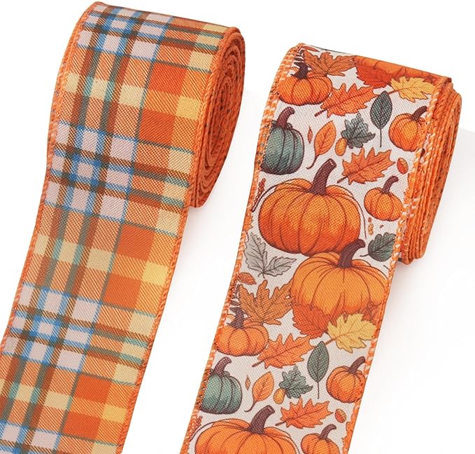 2 Rolls Fall Pumpkins Ribbons for Bows, Thanksgiving Wired Edge Burlap Ribbon Autumn Maple Leaves Plaid Ribbons for Gift Wrapping Thanksgiving Decoration Supplies