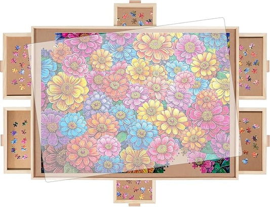 1500 Pieces Rotating Puzzle Board with 6 Drawers, Lazy Susan & Transparent Cover, 34.2"x25.2" Portable Wooden Jigsaw Puzzle Board, Great Gift for Puzzle Enthusiasts