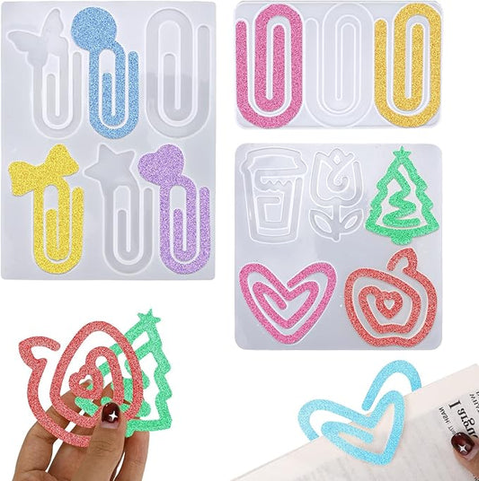 3pcs Paperclip Bookmarks Mold, Jumbo Paper Clips Bookmarks Silicone Mold with Multiple Style Epoxy Heart Resin Casting Mould Butterfly Making Supplies for DIY Crafts Book Lovers Gift