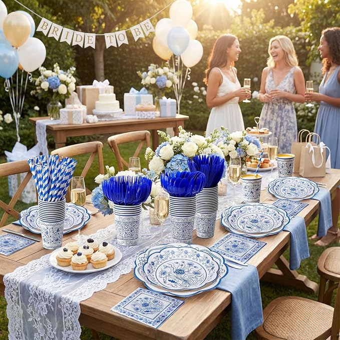 450 Pcs Blue Floral Tableware Set Decorations Blue White Chinoiserie Floral - Image 5