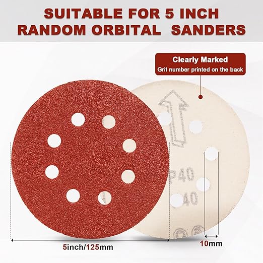 120 PCS 5 Inch Sanding Discs 40 Grit, 8 Hole Aluminum Oxide Hook and Loop Round Sandpaper for Random Orbital Sander