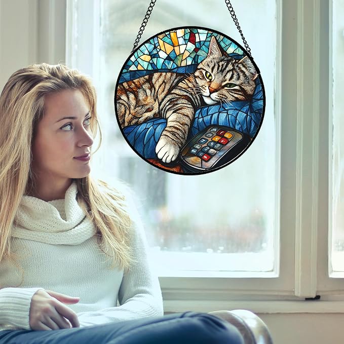 DASTOLL Stained Glass Window Hanging Gray Cat and Remote Control Large 11.8" - Image 3