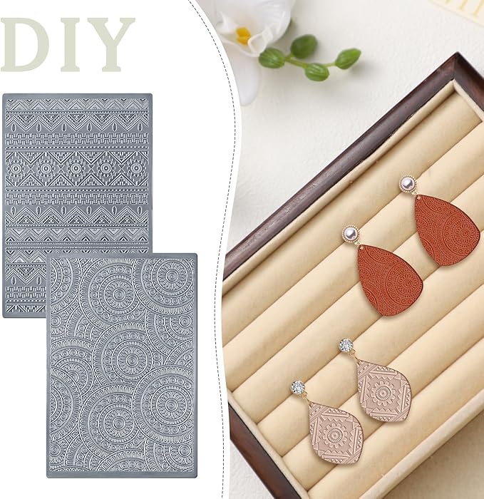 12 Pcs Polymer Clay Texture Sheets Mat Works with Polymer Clay Cutter Embossin Roller DIY Tools for Pottery Earrings Jewelry Making DIY Craft Supply