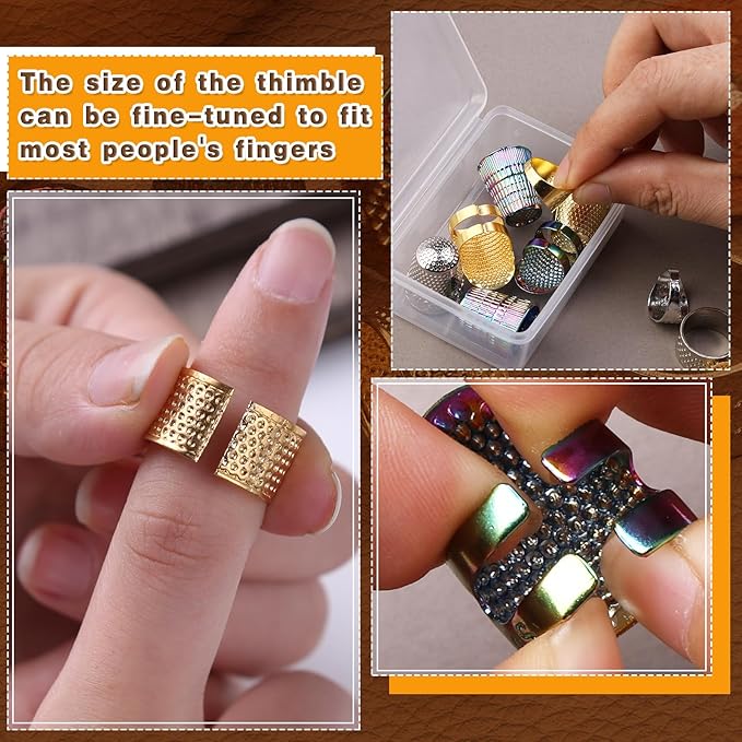 Ftyiwu Sewing Thimble, Hand Sewing Thimble with Storage Box, Adjustable Metal Sewing Thimble, Leather Finger Protector, DIY Hand Sewing Tool Accessories