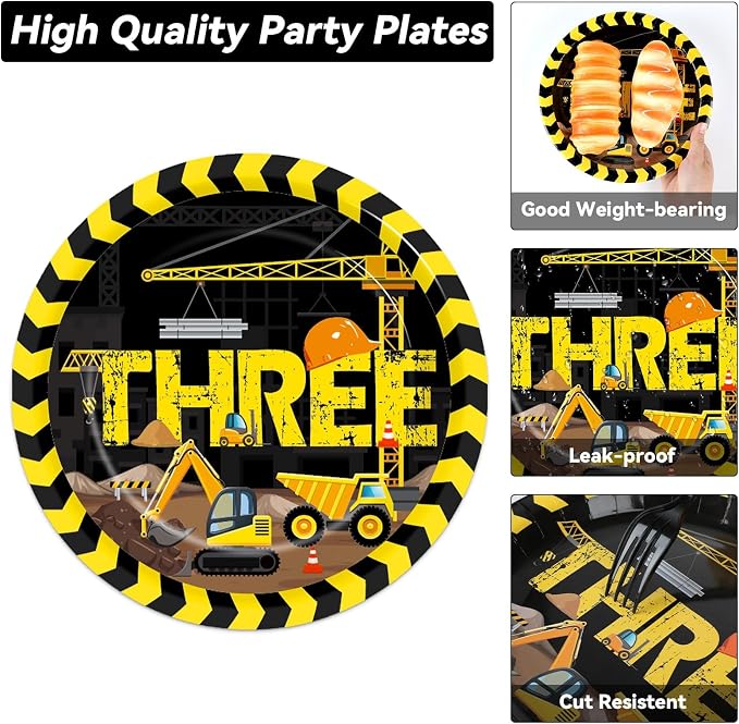 100 Pcs Construction 3rd Party Plates and Napkins Set 3 Years Old Birthday - Image 3