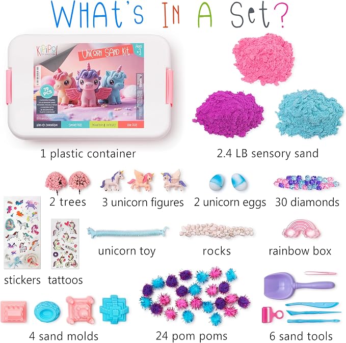 Kipipol Unicorn Sensory Bin for Toddlers 3-4, 5-7 Magic Sand Art Kit w Sandbox - Image 2