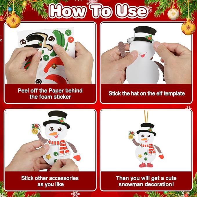 Fennoral 12 Pack Snowman Craft Kits for Kids Make You Own Snowman Foam Stickers Ornament DIY Christmas Arts and Crafts for Chirstmas Party Supplies Winter Christmas Tree Decoration