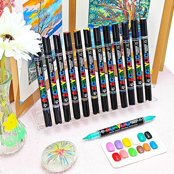 Guangna 60 Colors Acrylic Paint Markers, Dual Tip Paint Markers Pens Set with Soft Brush Tip, Multifunctional Fine Tip Markers for Wood, Canvas, Rock Painting,Glass,Diy Crafts Art Supplies, Waterproof