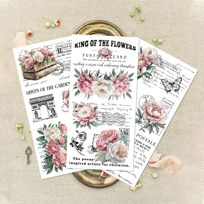 GLOBLELAND 3 Sheets Vintage Pink Peony Background Furniture Transfer 6x12inch Retro Romance Text Rub on Transfer Self-Adhesive Wall Art Decals for Bedroom Living Room Desk Table Decoration